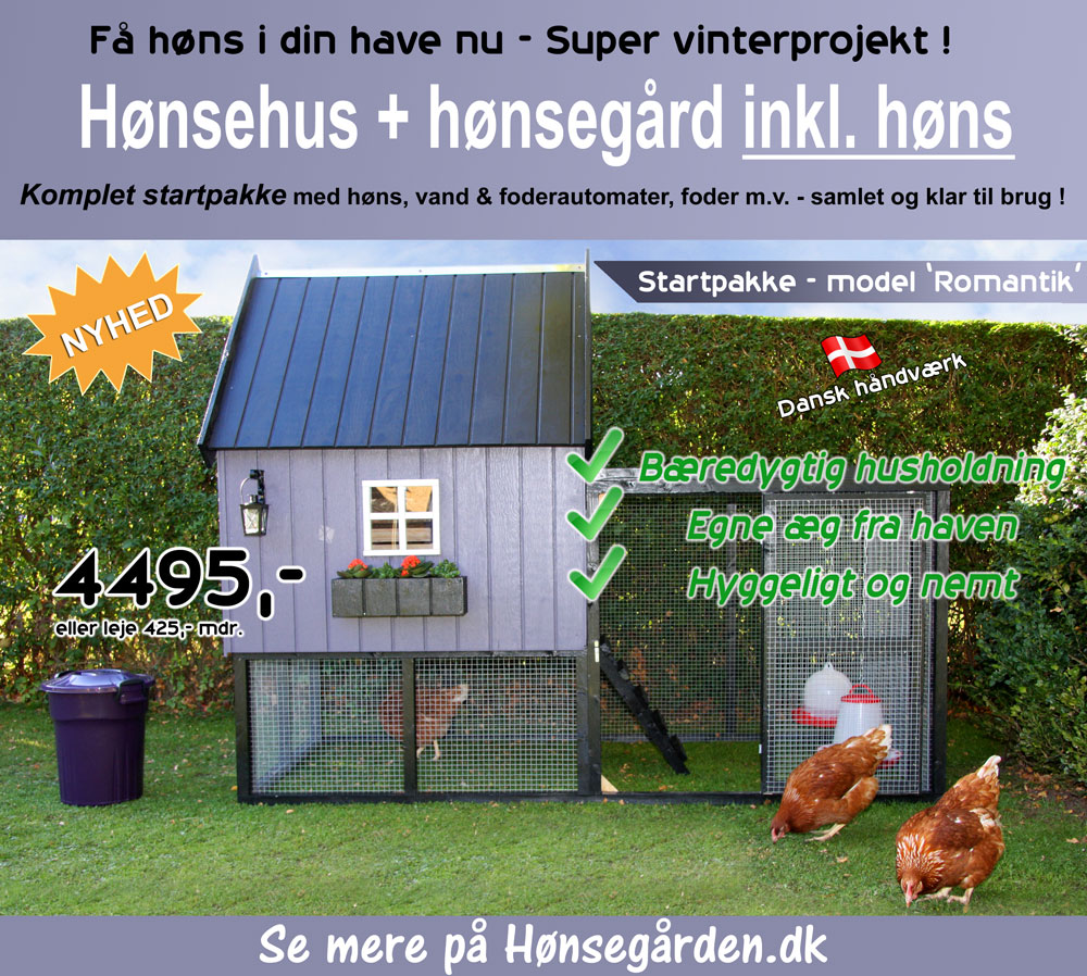 Hønsehus til haven - køb komplet startpakke med høns og alt tilbehør.